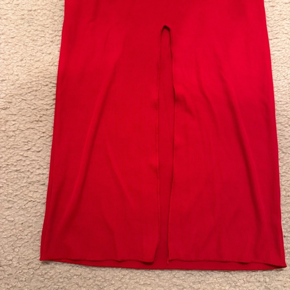 Romantic Red Strapless Twist Front Midi Dress Ribbed Day to Night Date Sz M - Picture 12 of 14
